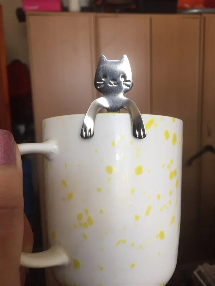 Кошачья ложка, ложка с длинной ручкой, столовые приборы для кофе, нержавеющая сталь, питьевые инструменты, чашки, аксессуары, ложки, креативная кофейная ложка, Oct#3