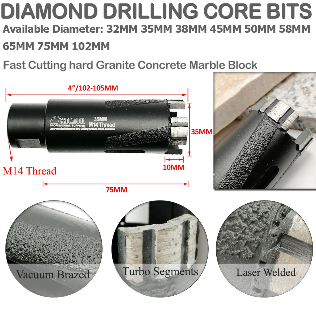 SHDIATOOL 2pcs Laser Welded Diameter 58mm Diamond Dry or Wet Drilling Core Bits M14 thread hole saw for drilling granite marbel |