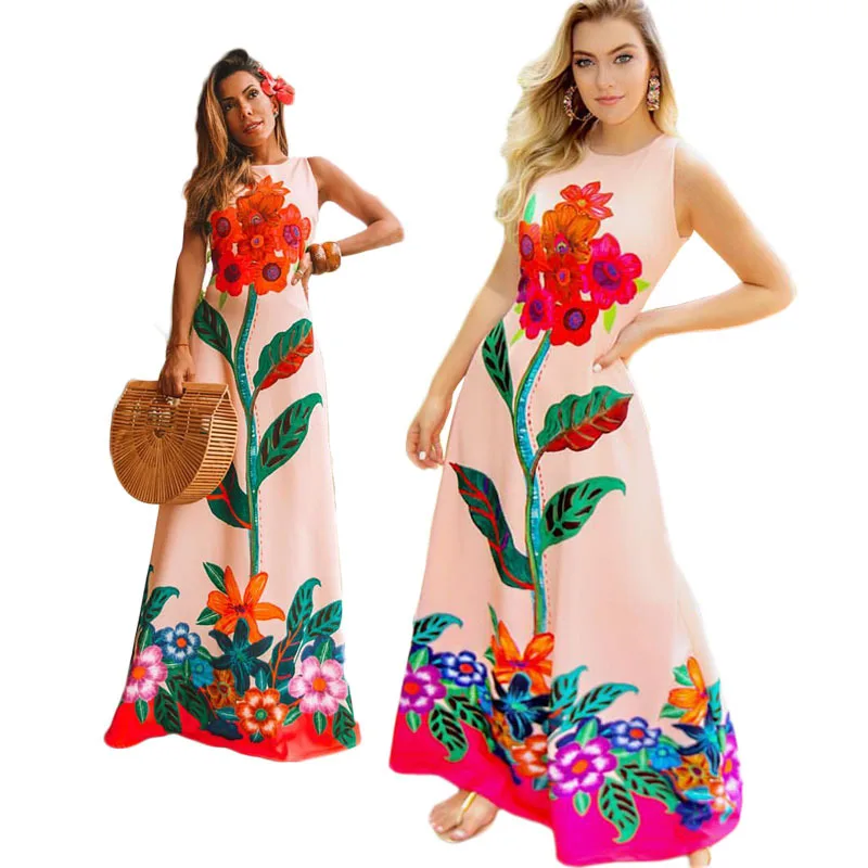 Sexy O Neck Bohemian Maxi Dresses for Women Long Casual Summer Beach Printing Sleeveless Vestidos | Женская одежда