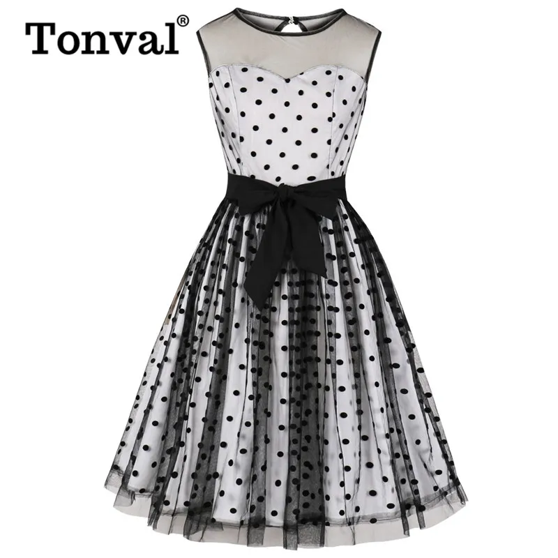 White Tonval/Белое платье в горошек с сетчатым напылением и замочком сзади; женские вечерние платья в винтажном стиле из хлопка; элегантные плиссированные платья - Color: White