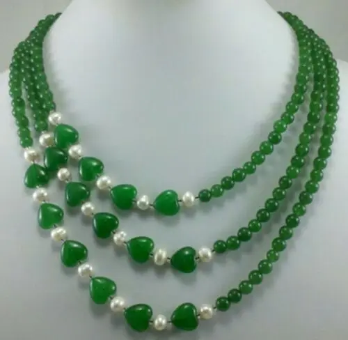 

Green Jadeite 6MM Beads 10MM Heart-shaped pearl 3 Row Necklace 18"-21"AAA