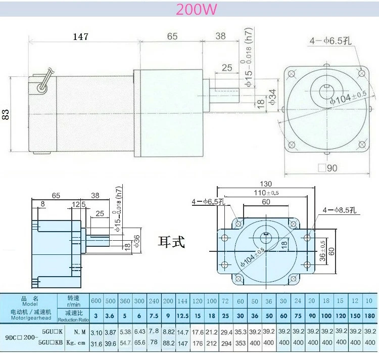 200 W DC12V 24 V 36 V-220 V 6 об/мин-600 об/мин постоянного тока мотор-редуктор большой крутящий момент может быть отменен и направлен скорость вращения двигателя постоянного тока