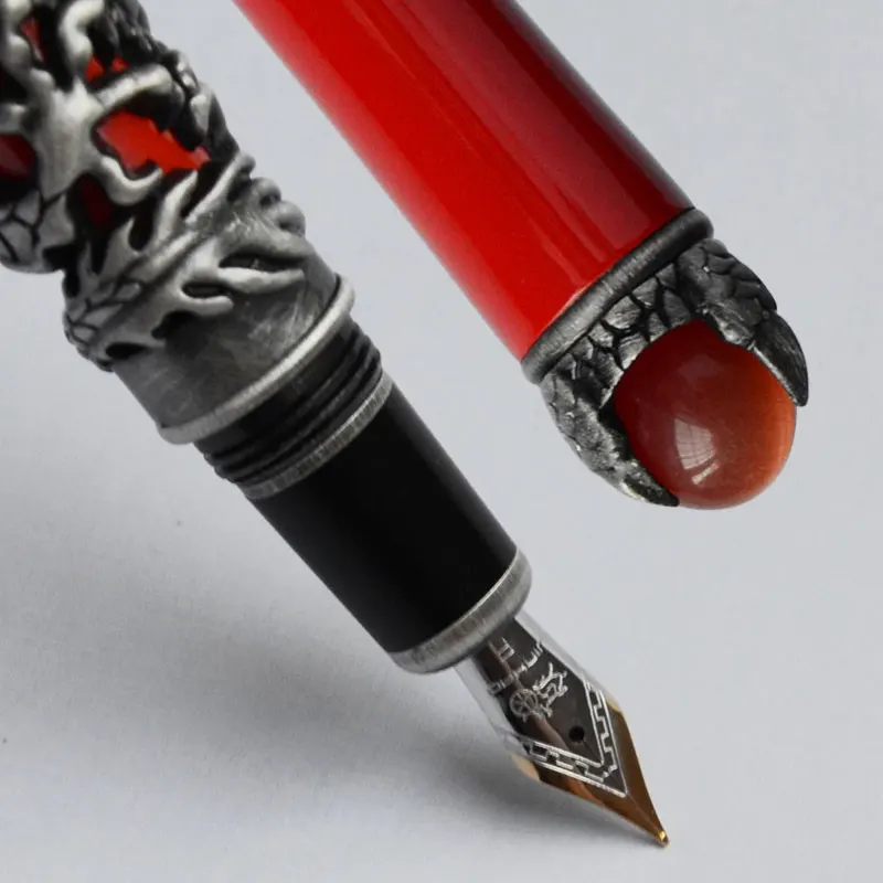 Перьевая ручка Jinhao DRAGON KING PLAY PEARL RED BARREL антикварный серебряный дракон тиснение прекрасный 18KGP перо 3 вида цветов для выбора офиса