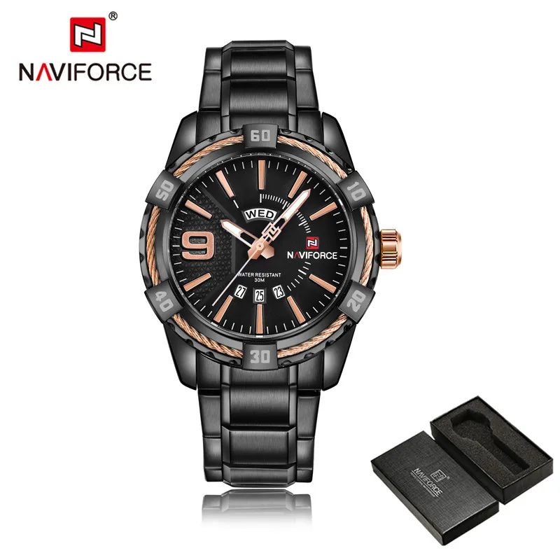 NA9117S03 with box NAVIFORCE мужские часы с датой недели, спортивные мужские часы, Топ бренд, Роскошные военные армейские деловые Стальные наручные кварцевые мужские часы 9117 - Цвет: NA9117S03 with box