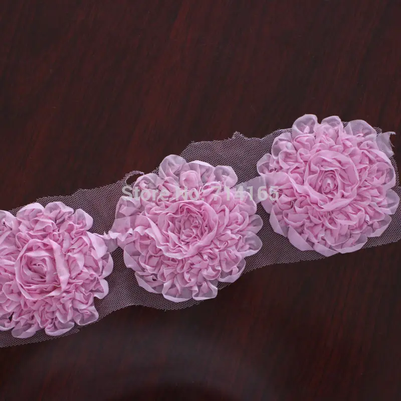 

4" Swirl shabby flower trim,Romantic Rose flower with glitter for headband 1 yard Pink