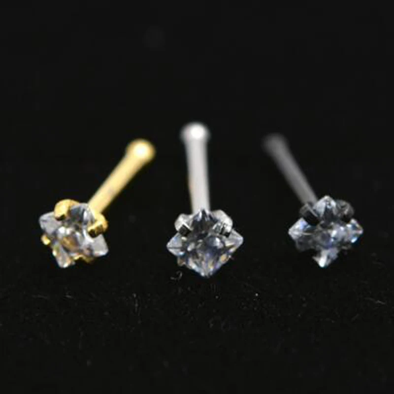 2 шт. 20Gx6x2mm Золотое квадратное циркониевое кольцо-гвоздик в нос кольца Серебряный