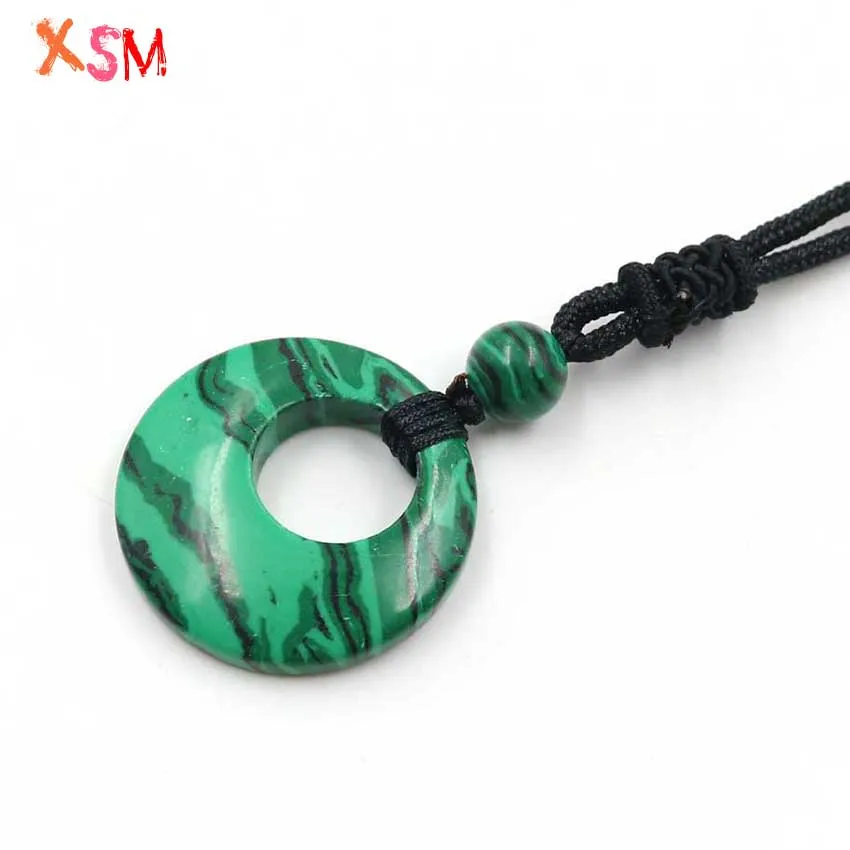 Makachite Stone Xinshangmie 1 шт. круговой полый натуральный камень кулон Веревка Цепи Ожерелье кристаллы аметиста опал DIY для женщин талисманы ювелирные изделия - Окраска металла: Makachite Stone