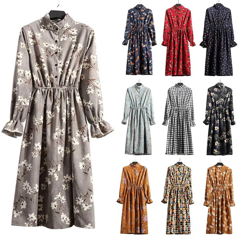Весенне-осеннее женское Цветочное платье с длинными рукавами и круглым вырезом