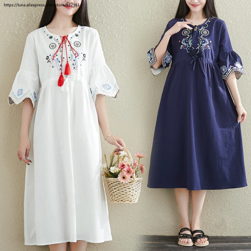 Женское длинное платье винтажное с цветочной вышивкой в стиле бохо Vestidos лето