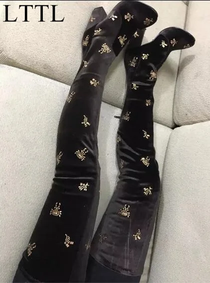 Женские бархатные сапоги выше колена черные или синие с круглым носком на