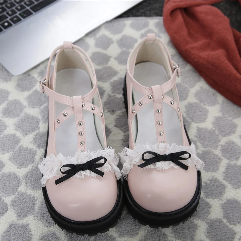 Японские милые туфли в стиле &quotЛолита&quot с кружевом и бантом на низком каблуке