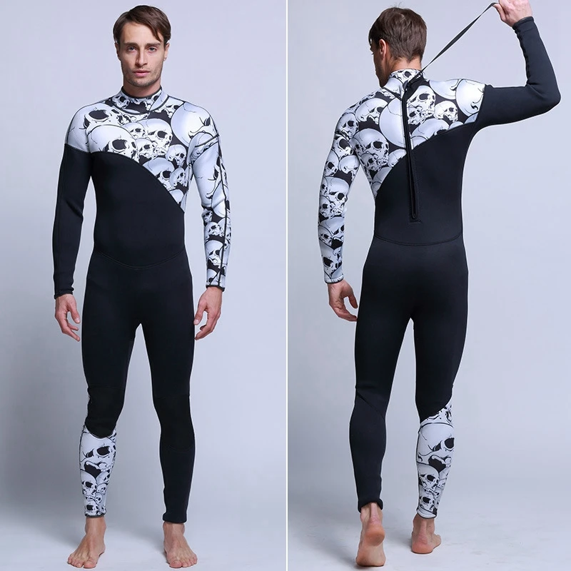 

2017 new skull pattern men 3mm neopene one piece surfing suit snorkeling swimsuit long sleeve warm keeping wetsuit swimwear