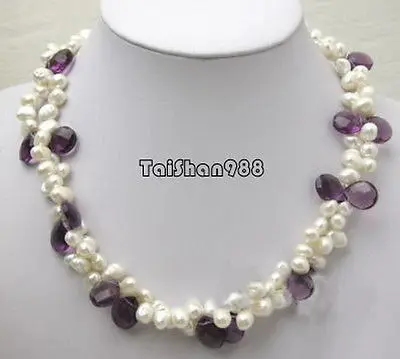 

Hot sale Free Shipping>>>2 Rows Genuine White Pearl Amethyst 18KWGP Clasp Necklace