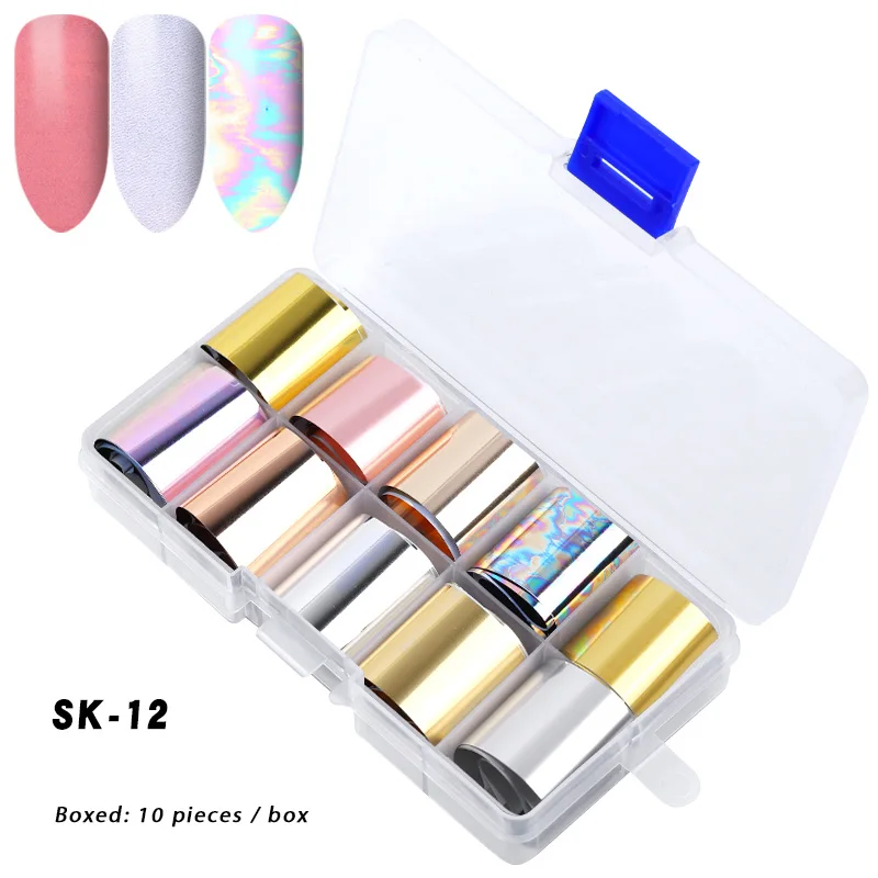 SK-12 10 шт./компл. 2,5*100 см смешанный дизайн голографическое искусство ногтей передачи Фольга наклейки Звездное AB Цвет УФ-гель наклейки для ногтей, наносимое самостоятельно Декор - Цвет: SK-12