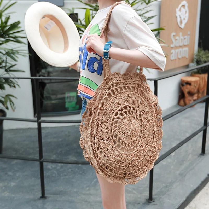 Sun Flower Beach Tote Bag Soft Paper Rope Crochet Round Straw Boho Retro Foldable Shoulder Travel Rattan For Women | Багаж и сумки