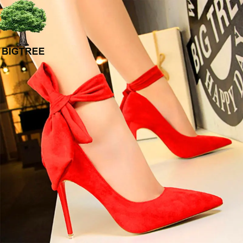 

Fashion Sweet Butterfly-knot Shallow Women Pumps Show Thin Solid Flock Party Shoes Pointed Toe Fashion Women's High Heels Shoes
