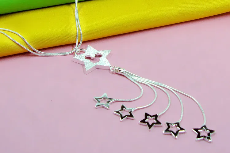 

New girl silver jewelry 925 sterling silver necklace multi-layer snake chain design tassel star pendant necklace chic necklace
