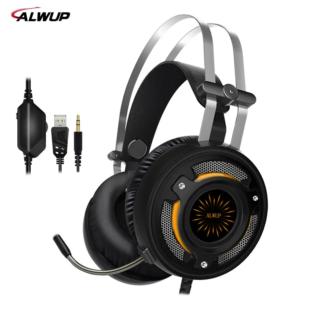 ALWUP 2,2 m Проводные Игровые наушники ps4 с микрофоном игровая Гарнитура xbox one с 7 цветами светодиодный светильник