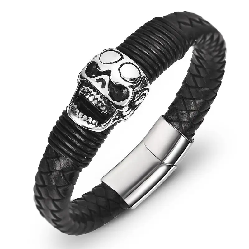 Smile Skull Jiayiqi Готический улыбка кожаный браслет с черепом для мужчин винтажные браслеты из нержавеющей стали аксессуары личности Мужской панк ювелирные изделия подарки - Окраска металла: Smile Skull