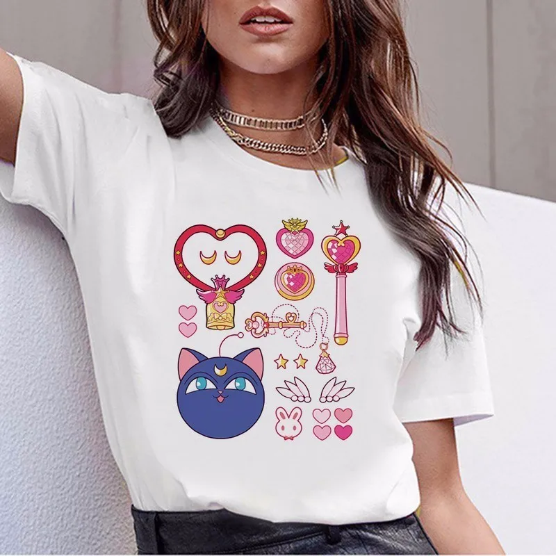 Матросская футболка с Луной женские kawaii Модные женские футболки в стиле Харадзюку футболка Эстетическая футболка Ulzzang Милая футболка с котом топ с рисунком