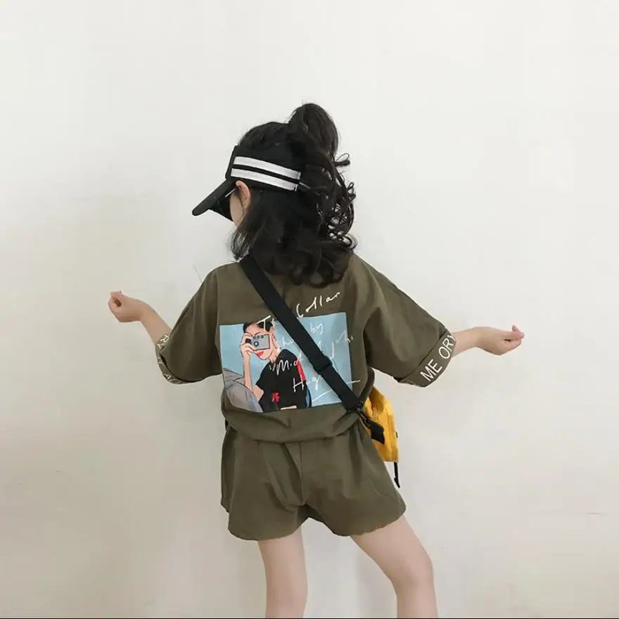 Летний новый модный костюм в стиле милитари для маленьких девочек топы с