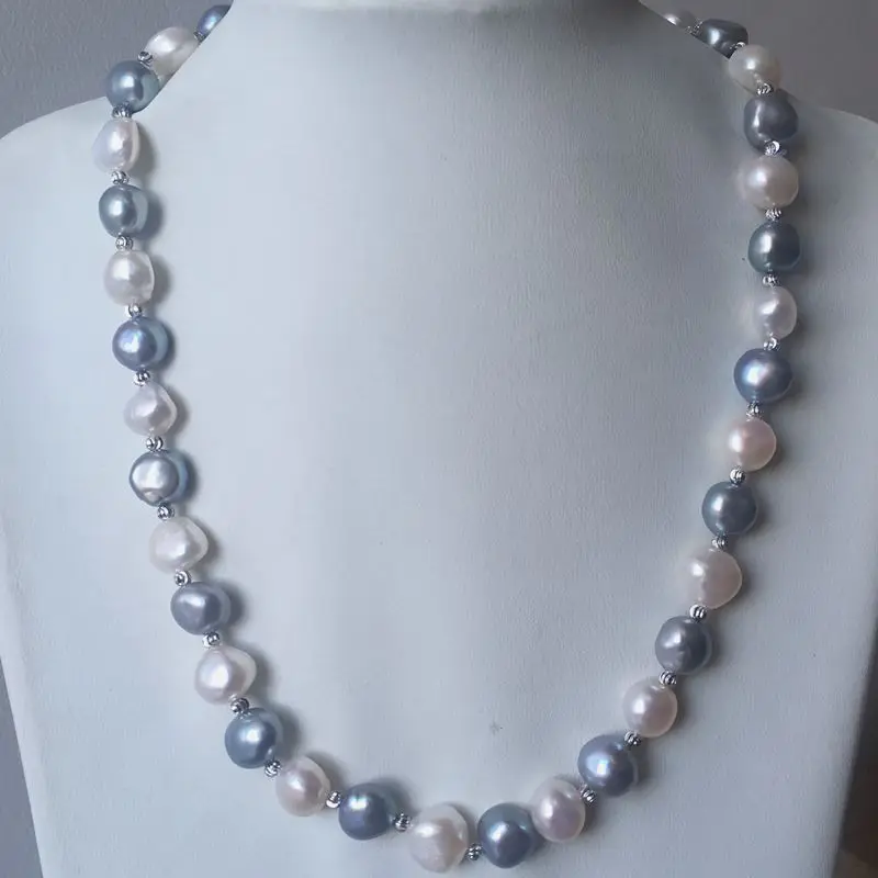 Natural 8-9MM Baroque Freshwater Pearl Necklace White Grey Shaped magnet clasp |