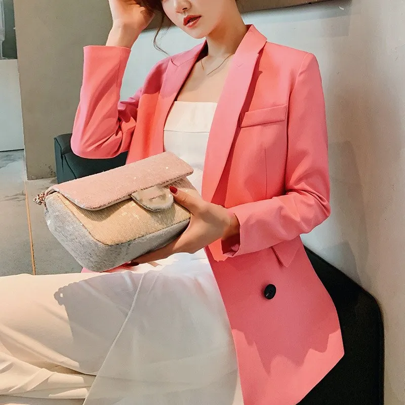 Двубортный офисный Женский блейзер Однотонный женский весенний приталенный