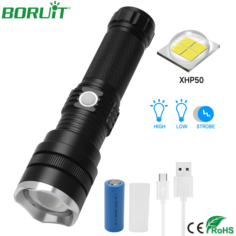 BORUiT USB Перезаряжаемый XHP50 светодиодный светильник-Вспышка водонепроницаемый масштабируемый фонарь светильник портативный походный охотничий фонарь вспышка светильник 26650