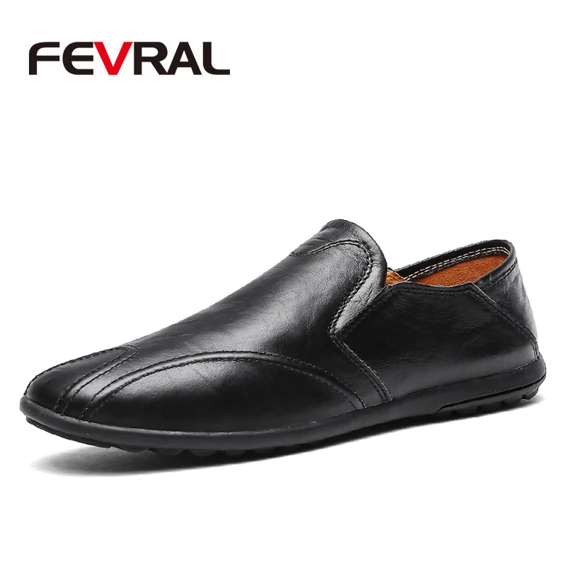 FEVRAL Genuine Leather Men Casual Shoes Luxury Brand Loafers Breathable Slip on Black Driving Shoes Moccasins Size 38~46 - Цвет: Black