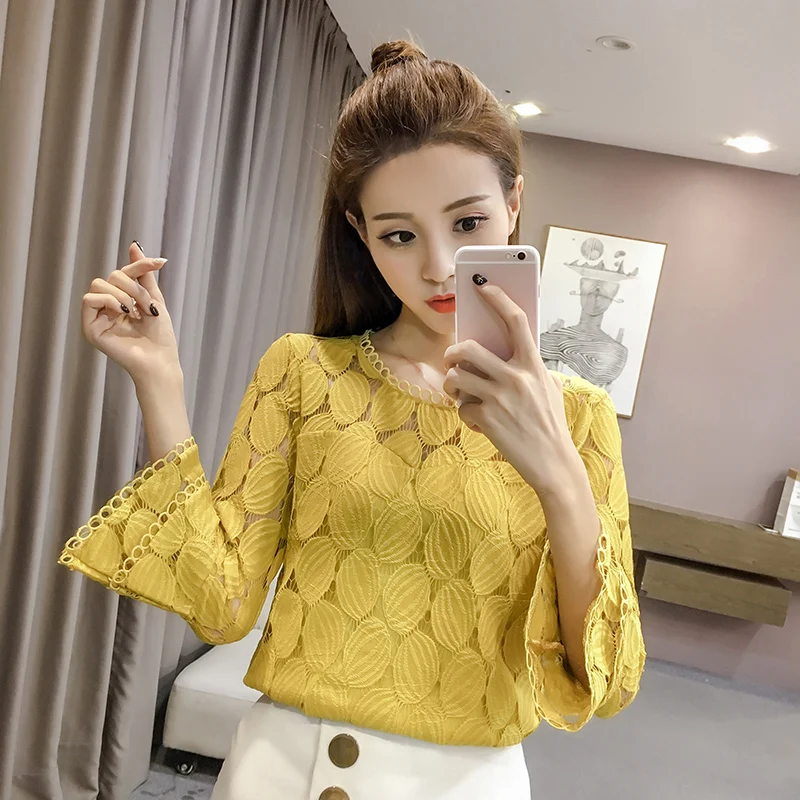 Новинка весна осень 2021 Корейская свободная пикантная кружевная блузка с длинным