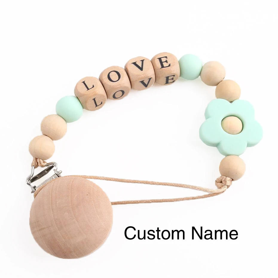 Mint Custom Name 1 шт., детский прорезыватель, цепочка для соски, заказное имя, силиконовые бусины, цветок, подарок на день рождения, держатель для соски, подарок для ребенка, детские товары - Цвет: Mint Custom Name