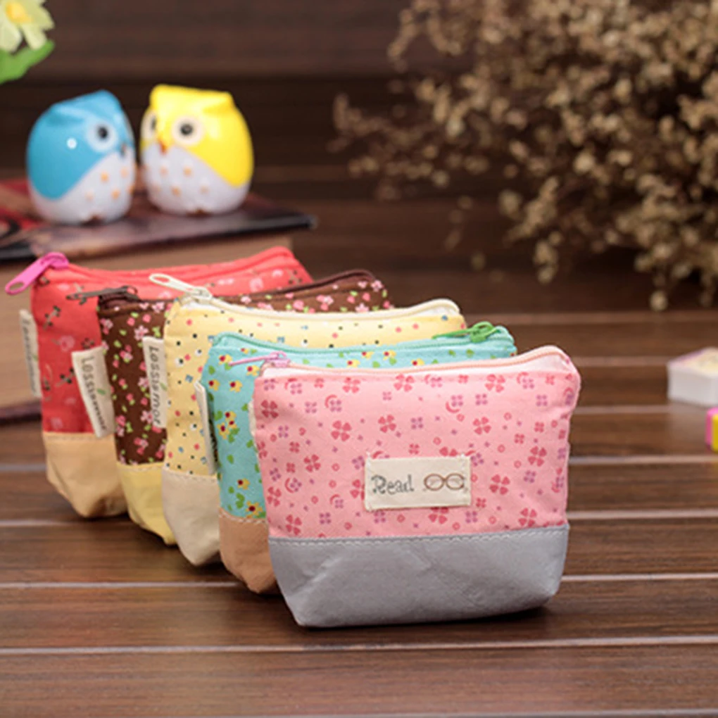 

Mini Flower Cute Zipper Canvas Pencil Case Cute Portable Key Coin Purse Makeup Storage Bag