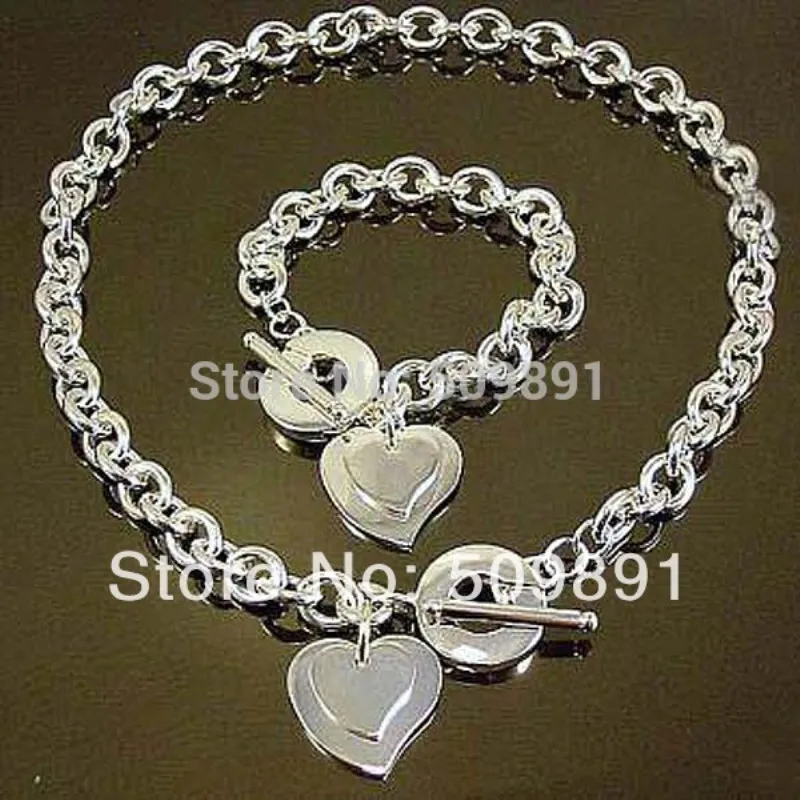 YST1 Fashion women jewerly sets 925 silver love heart charm pendants necklace+bracelet hot sale in 2015 | Украшения и аксессуары