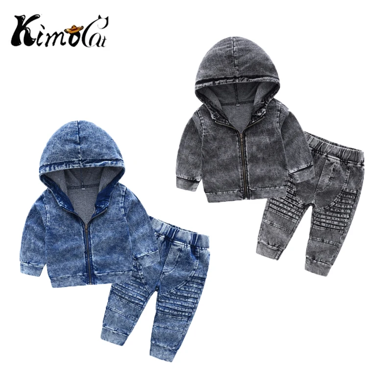 Kimocat/осенний Новый детский джинсовый Трикотажный костюм с капюшоном и длинными