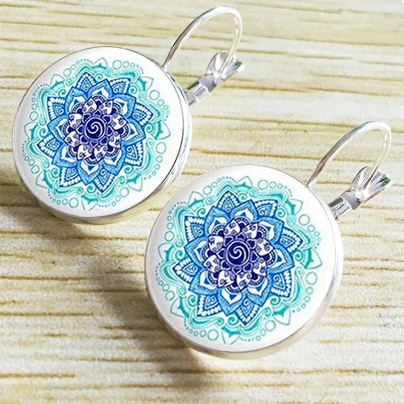 SUTEYI синий Мандала Лотос Стад Серьги для женщин ювелирные изделия с украшением в
