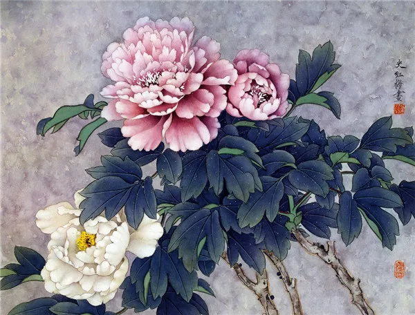 Пейзаж в китайском стиле с розовыми и белыми пионами печать на холсте картина