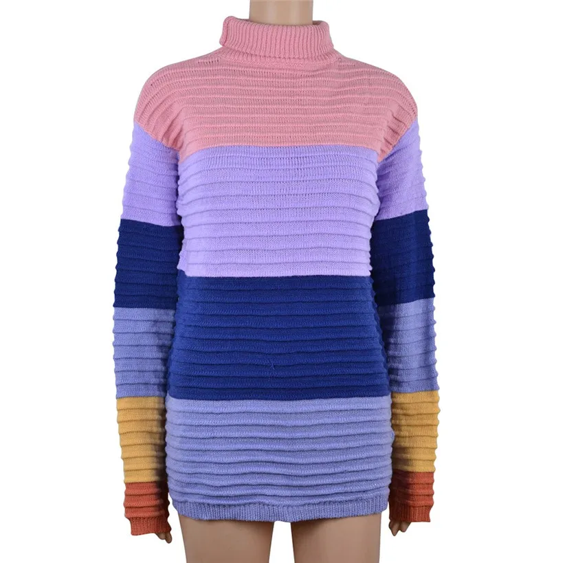 Womens Patchwork Roll Neck Jumper Sweater Lazy Turtleneck Chunky Knit Pullovers sueter cuello alto mujer invierno J30 | Женская одежда