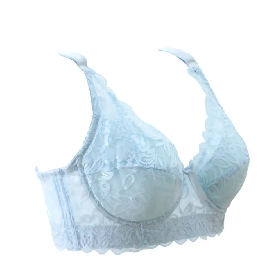 Ladies Sexy Underwear 3/4 Cup Padded Lace Sheer Bra Large Cup B C D Underwear Women Big Size Bra lingerie for Women - Цвет: Небесно-голубой