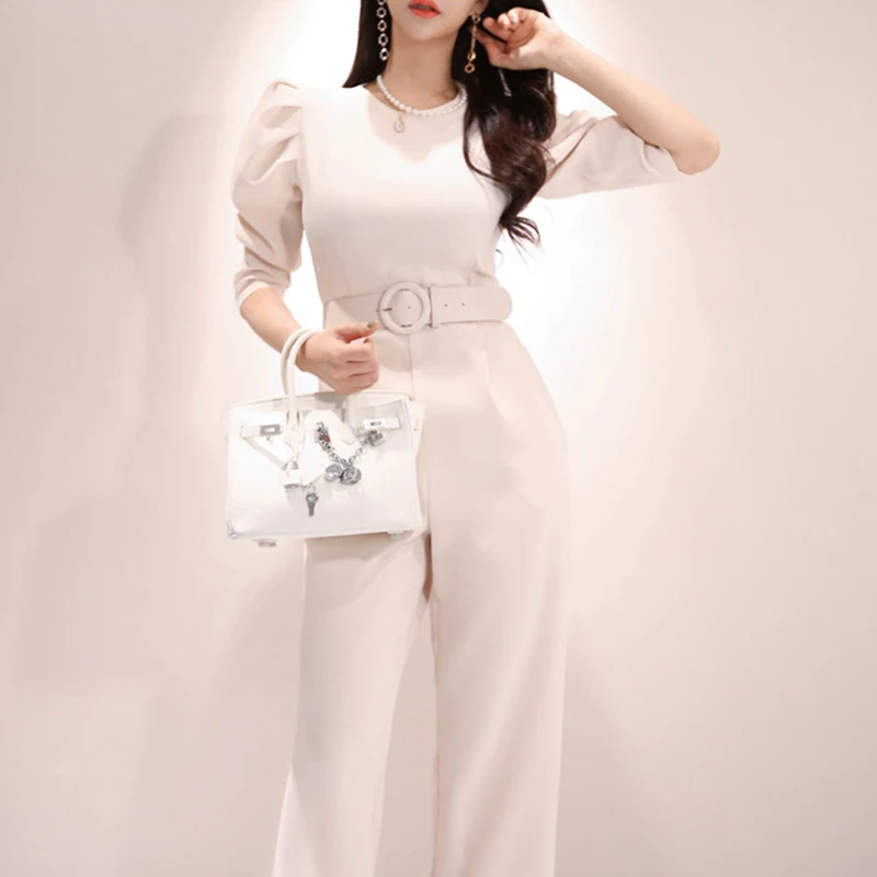 Женский комбинезон с круглым вырезом и поясом элегантный женский деловой прямые