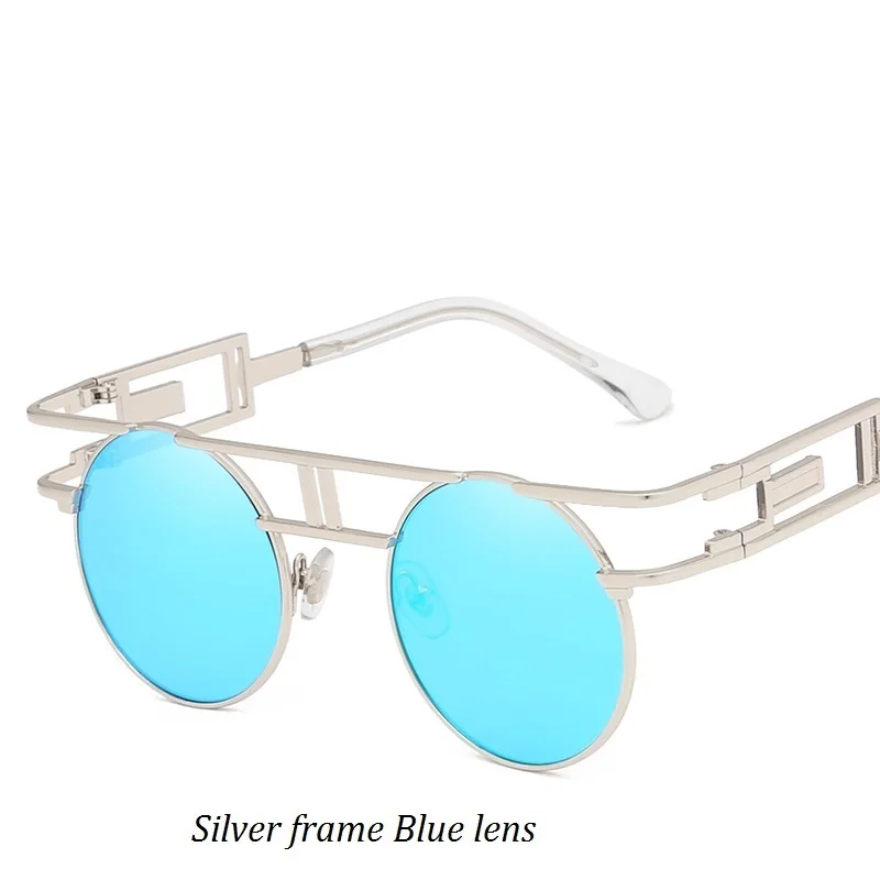 Silver - Blue Готический стимпанк Круглый Винтаж солнцезащитные очки Для мужчин Для женщин унисекс зеркальные металлические солнцезащитные очки HD Ретро увеличенные солнцезащитные очки, солнцезащитные очки для женщин, UV400 - Цвет линз: Silver - Blue