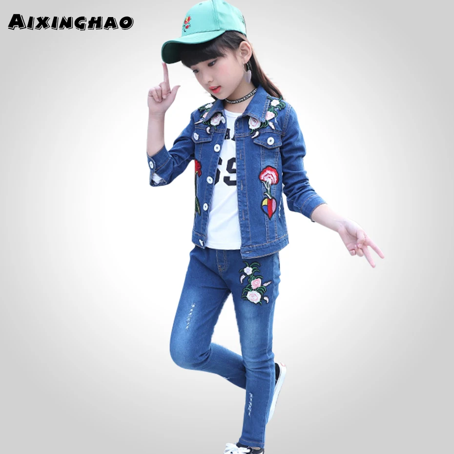 Autumn Winter Clothes For Girls Denim Jackets + Flower Embroidery Pants 2PCS Outfits Teenage Kids Clothing 6 8 10 12 13 14 | Мать и