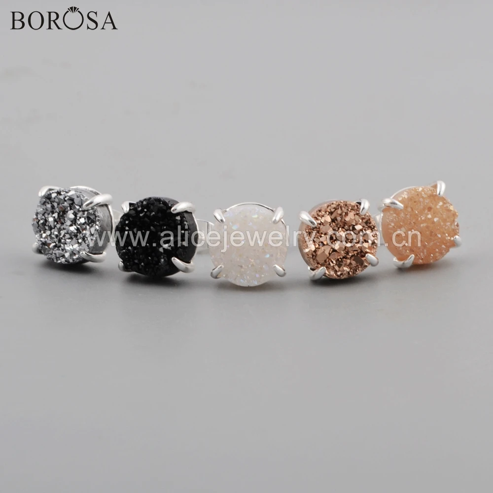 BOROSA 5 пар 10 мм круглый серебряный коготь титан радуга натуральный кулон agates Druzy серьги гвоздики ювелирные изделия для женщин ZS0132