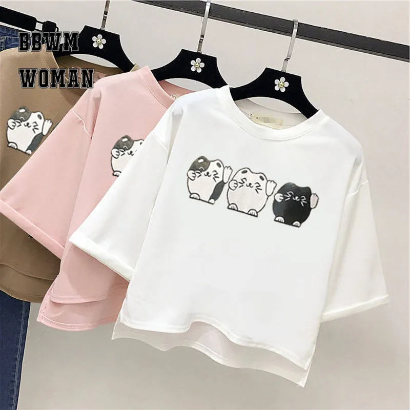 

Lucky Cat Kawaii Cartoon Women Tee Shirt White Pink Khaki Short Sleeve Casual Female T Shirts ZO1783