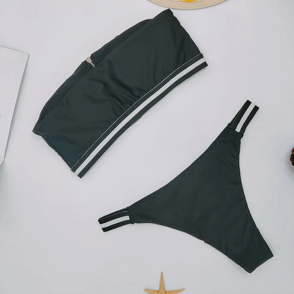 Женский купальник на молнии черный раздельный из двух частей пляжная одежда 2019 |