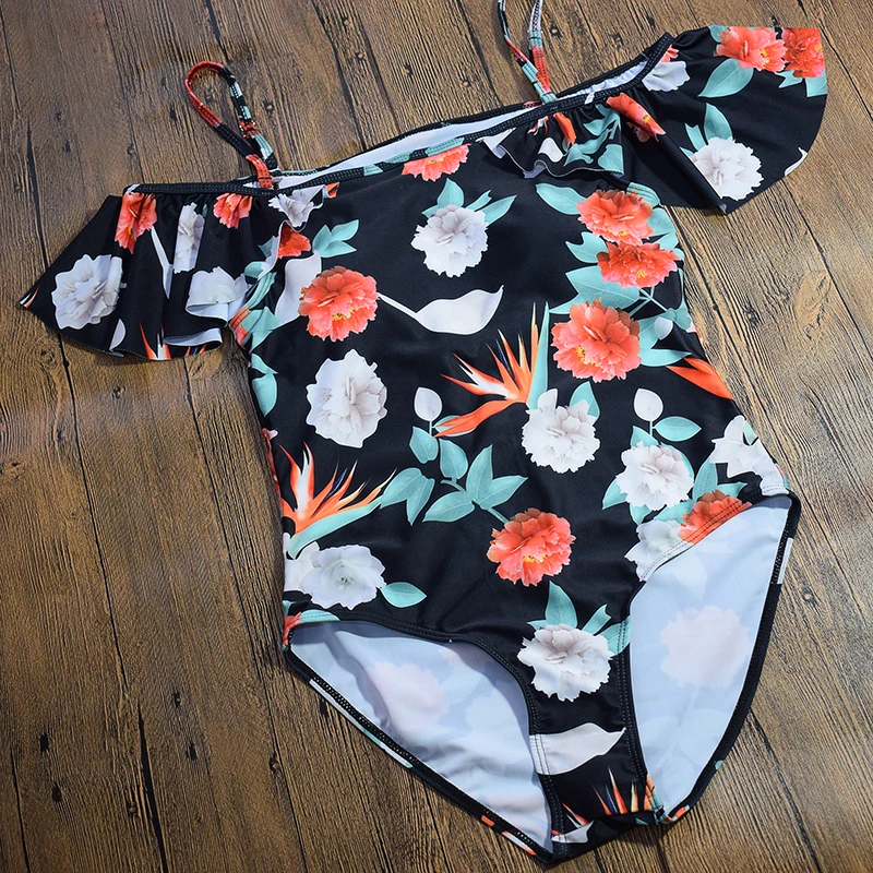 QIANG YI 2018 Off Shoulder Print Flounces Strapless Push Up Sexy One Piece Swimsuit Women Swimwear Bathing Suit Jumpsuit Bikini | Спорт и