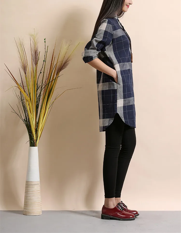 Женская Ретро негабаритная хлопковая и льняная клетчатая блузка Осенняя