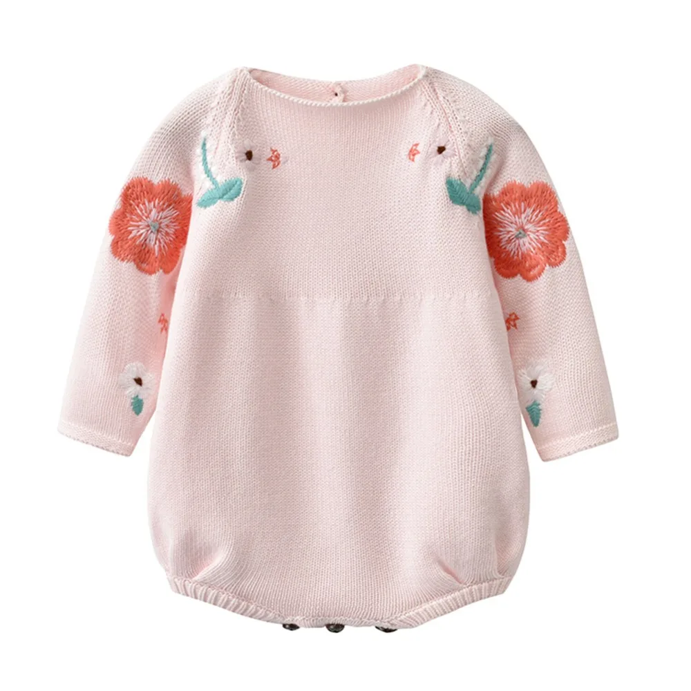 

Auro Mesa Infant Baby Girl Pink Embroidered Knit Long-Sleeve Loose Bodysuit Baby Girls Toddler Outfits