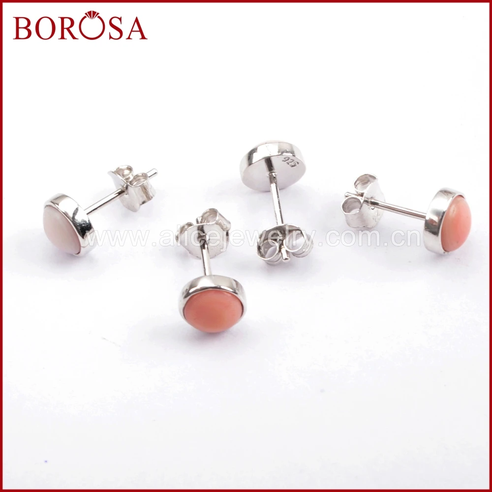 BOROSA 5 пар чистый серебряный ободок 7 мм круглый розовый опал серьги-гвоздики лазурит Druzy серьги ювелирные изделия для женщин девочек SS196