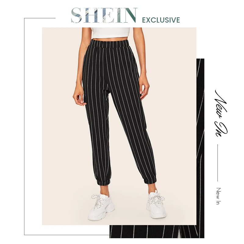 SHEIN Короткие Брюки В Полоску C Боковыми Карманами Женские Весенние Повседневные Брюки С Эластичным Поясом