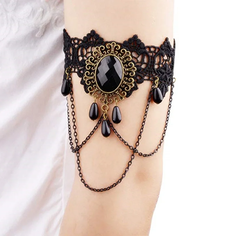 Ожерелье женское черное кружевное с бусинами в стиле стимпанк|Ожерелья